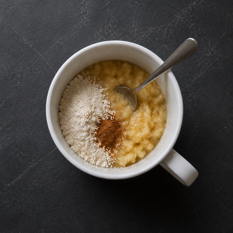 Step 1: Mash the banana in a mug, stir in everything else.