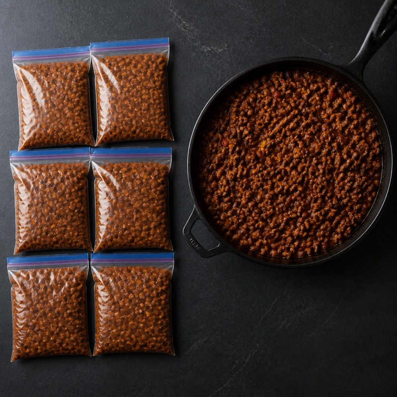 Step 3: Cool, bag into 6 portions, freeze flat.