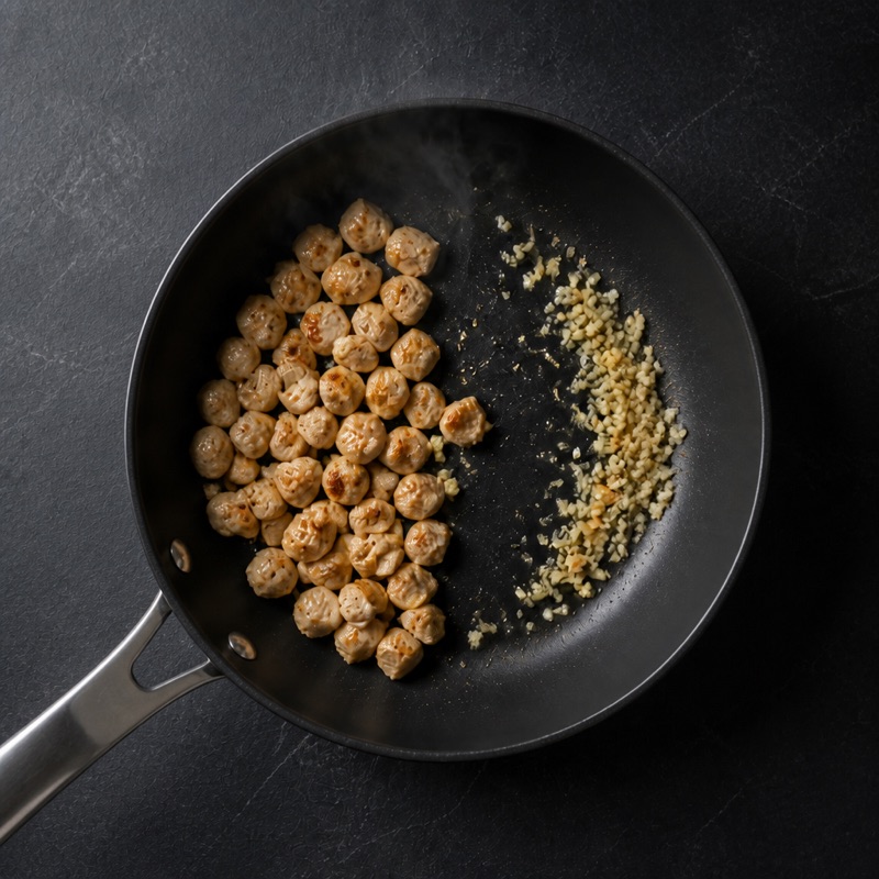 Step 1: Fry diced chicken with garlic, push aside.