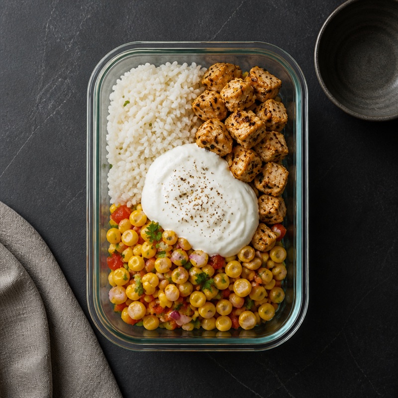 Step 4: Stack rice, chicken, salsa. Yogurt on top.