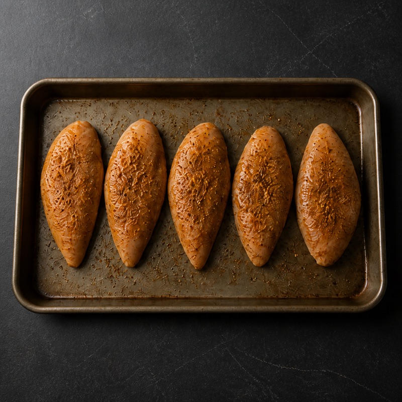 Step 1: Rub chicken with oil and all the spices, bake 22 minutes at 200°C / 400°F.