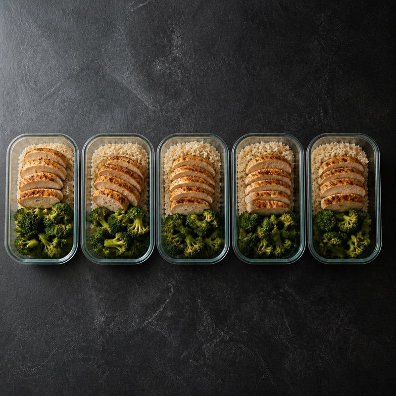 Step 4: Five boxes: rice, broccoli, chicken.