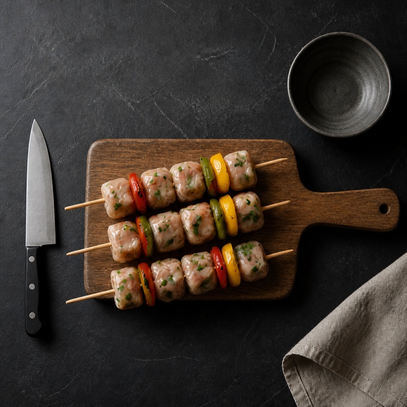 Step 1: Cube chicken and peppers, toss with oil, spices and salt. Skewer.