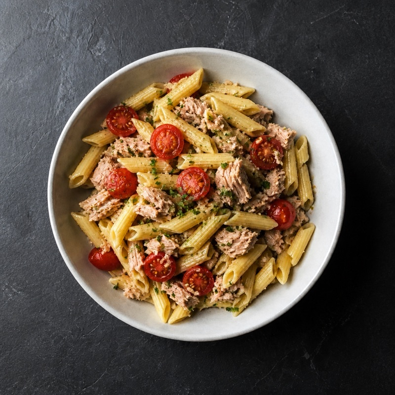 Step 3: Toss pasta, tuna and halved tomatoes in it.