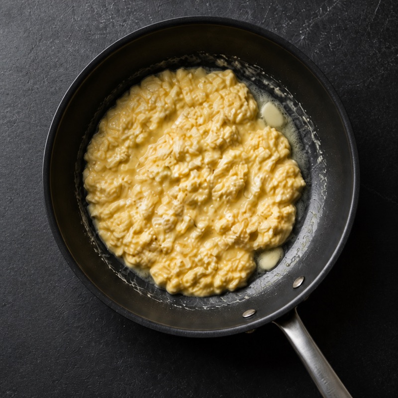 Step 2: Low heat, butter, stir slowly until just set — don't rush it.