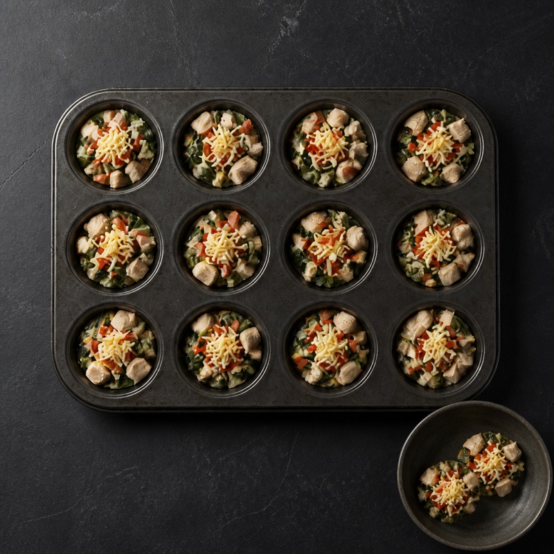 Step 2: Divide turkey, pepper, spinach and cheese into a 12-cup muffin tin.