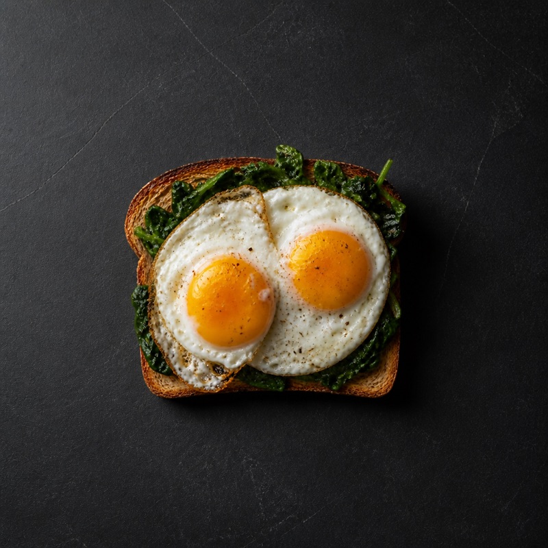 Step 3: Toast, spinach, eggs on top. Salt and pepper hard.