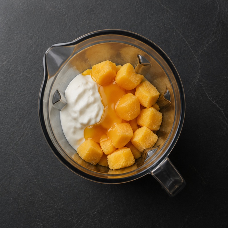 Step 1: Blend mango, yogurt and honey — scrape down twice.