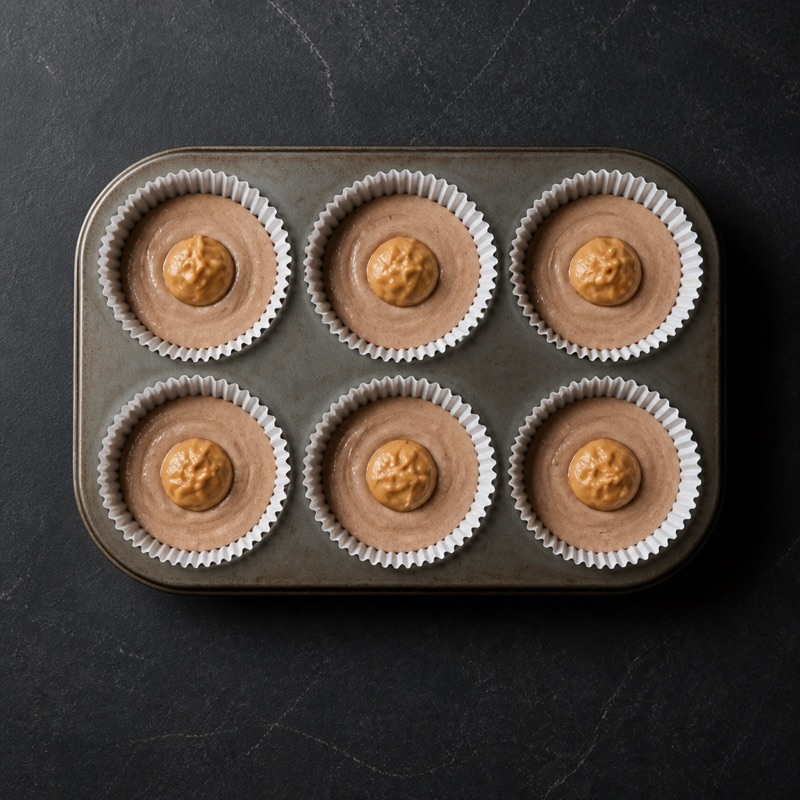 Step 2: Spoon into a muffin tin with liners, drop peanut butter into each center.