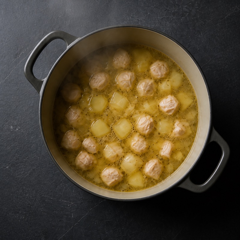 Step 2: Add potatoes and diced chicken, simmer 12 minutes.