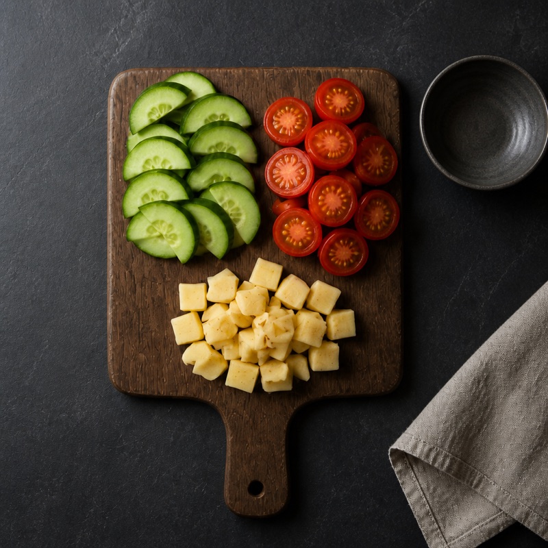 Step 2: Chop cucumber and tomatoes, cube the cheese.