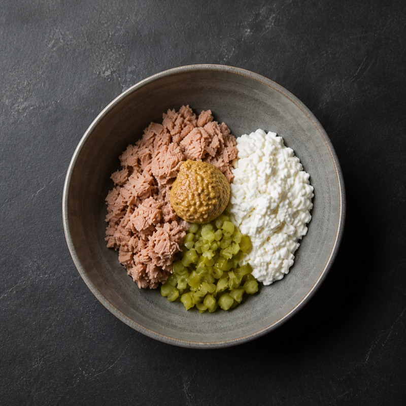 Step 1: Mix tuna with mustard and half the cottage cheese.