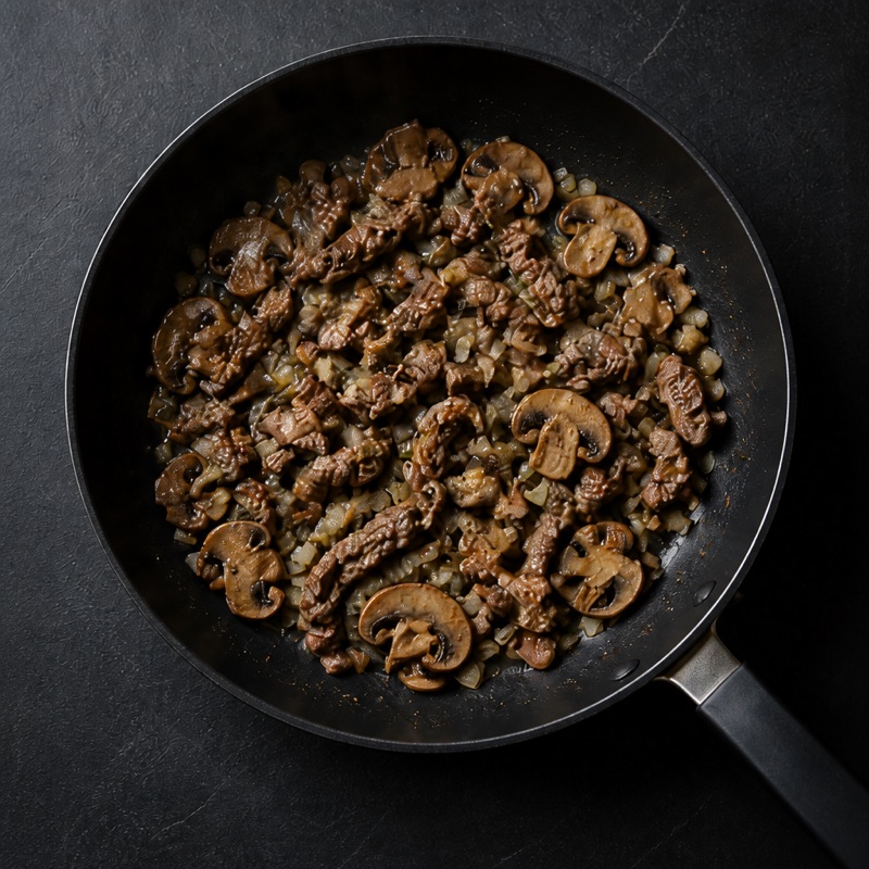 Step 2: Brown the beef, then fry mushrooms and onion in the same pan.