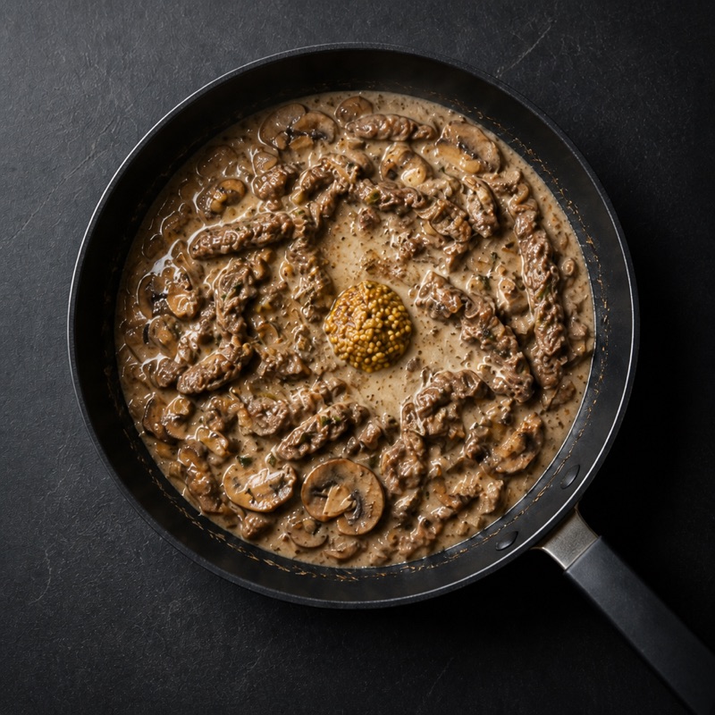 Step 3: Everything back in with a splash of pasta water and the mustard.