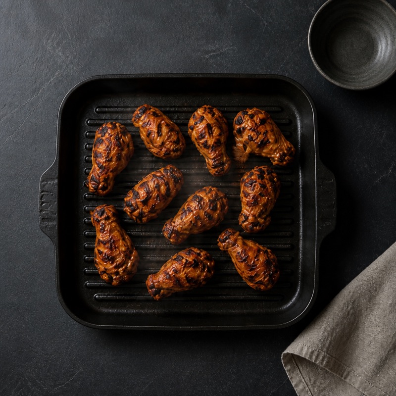 Step 2: Wings first (they take longest), then steak, then chicken.