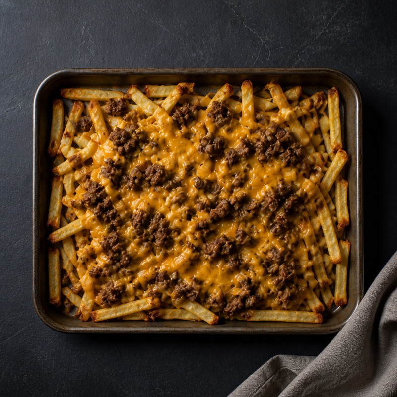 Step 3: Fries on a tray: beef, cheese, back in the oven 3 minutes.