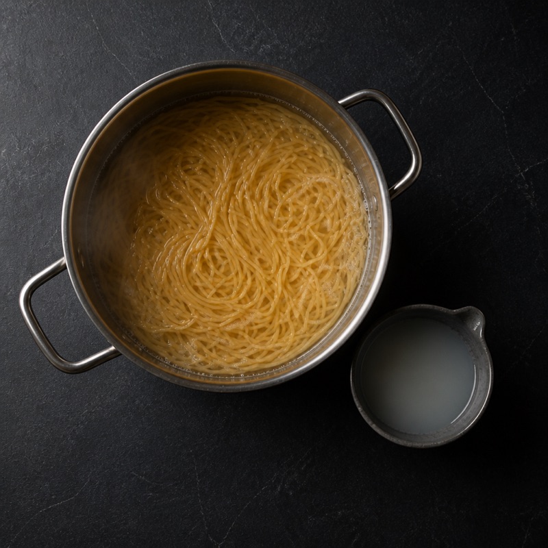 Step 1: Cook the spaghetti, keep some water.