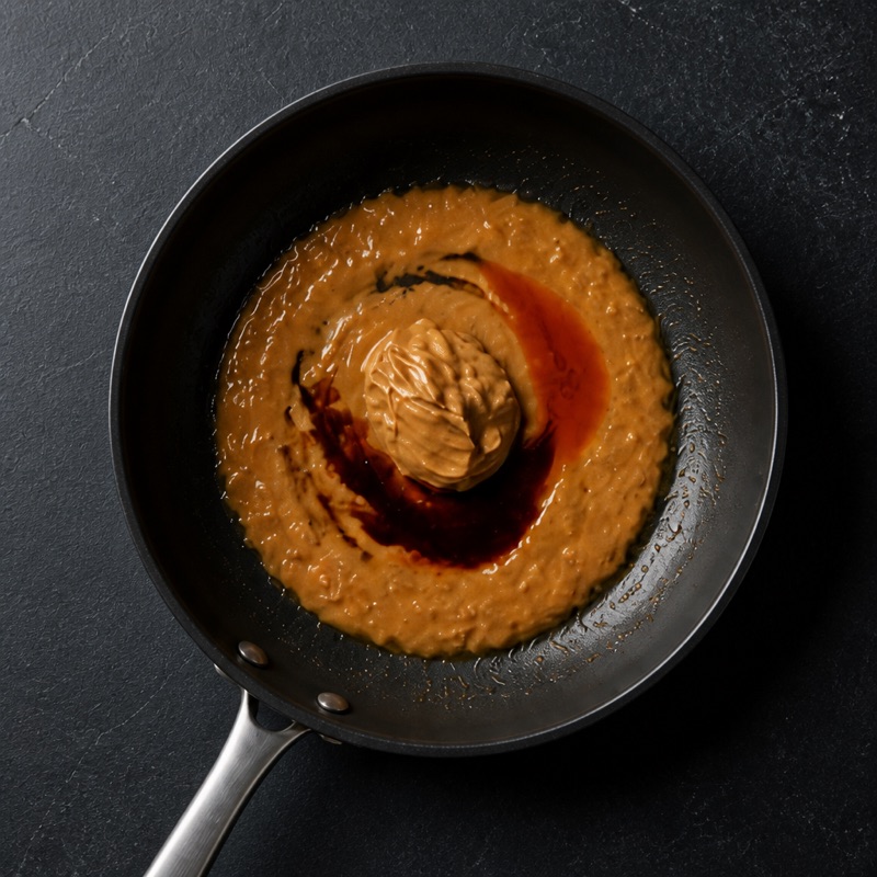 Step 2: Stir peanut butter, soy sauce, hot sauce and a splash of water in the hot pan until saucy.