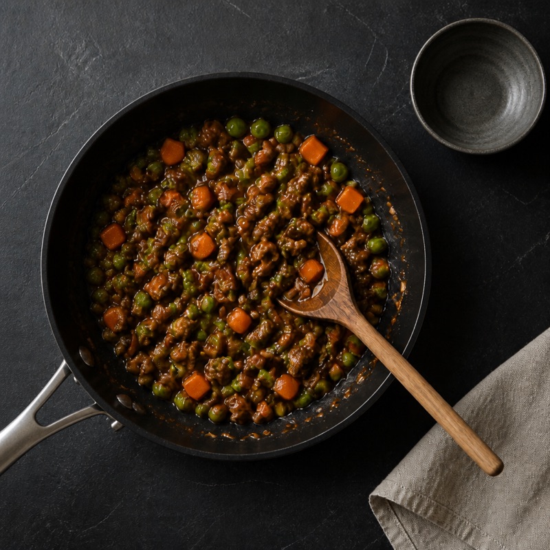 Step 2: Glaze with soy and honey, stir in the vegetables.