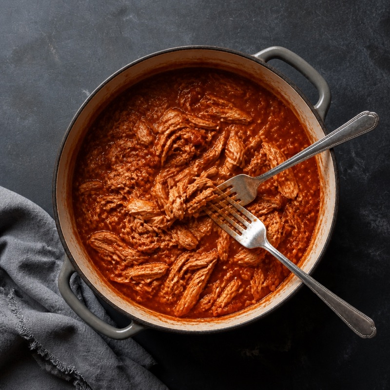 Step 2: Shred the chicken with two forks right in the sauce.