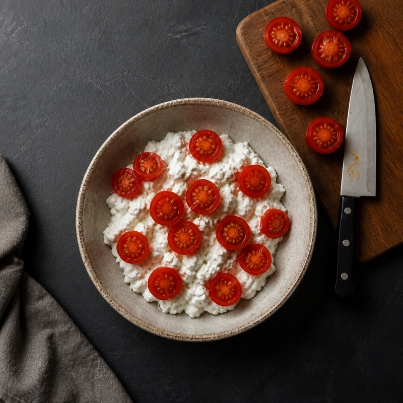 Step 2: Halve the tomatoes and pile them on.