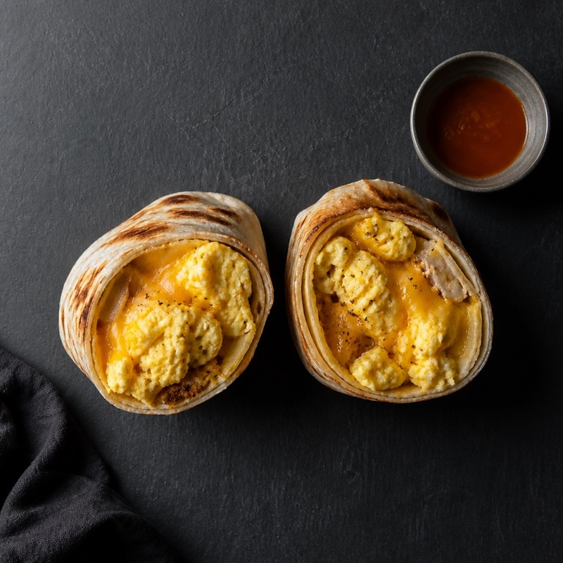 Step 3: Fill with eggs and cheese, hit it with hot sauce, roll it up.