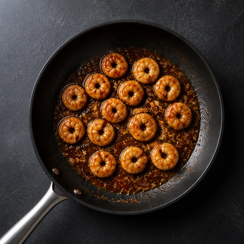 Step 1: Fry shrimp with garlic, glaze with soy, honey and hot sauce.