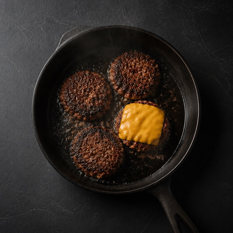 Step 2: Ripping hot pan: smash each ball flat, 2 minutes, flip, cheese on.