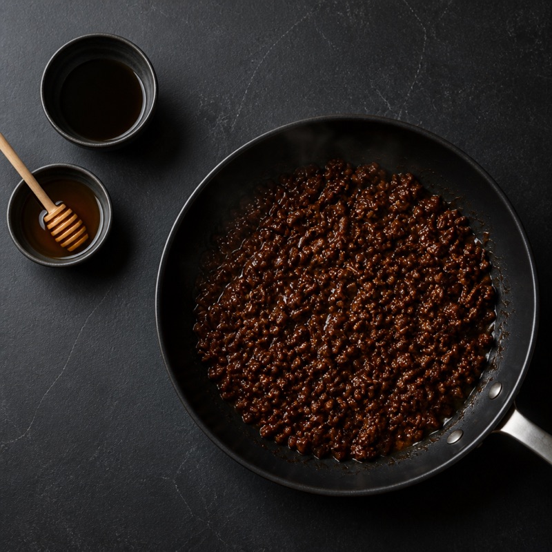 Step 3: Add soy sauce and honey, let it glaze for 2 minutes.