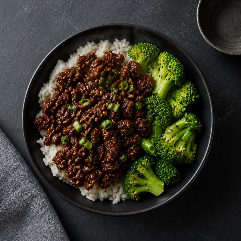 Step 4: Beef over rice, broccoli on the side.