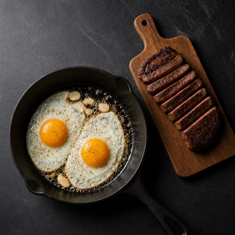 Step 3: Fry the eggs in the steak pan with butter and garlic.