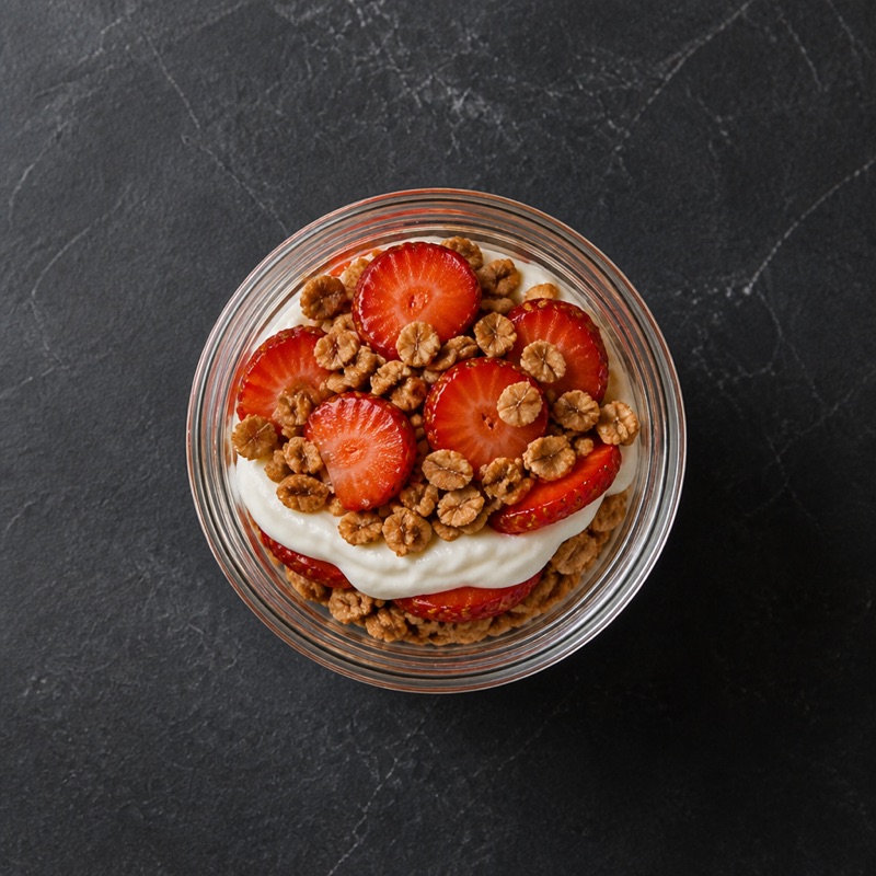 Step 3: Layer in a jar: oats, cream, sliced strawberries. Twice.
