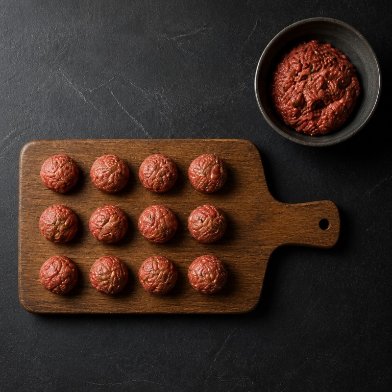 Step 1: Mix beef, egg, oats, salt and half the oregano. Roll 20 balls.