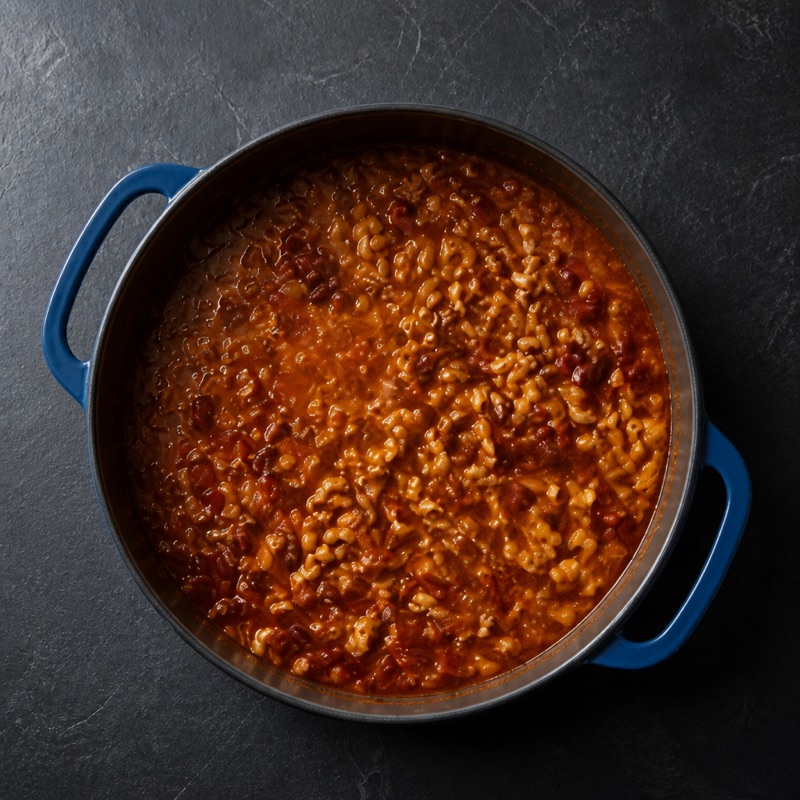 Step 2: Add tomatoes, beans, pasta and 300 ml water. Simmer 12 minutes, stirring.