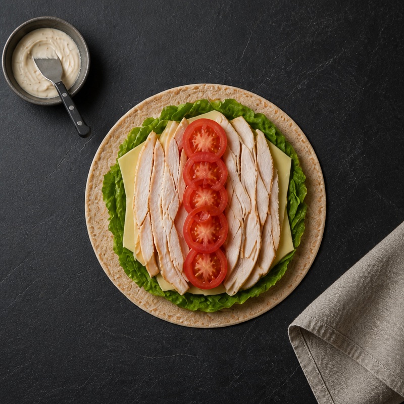 Step 2: Layer turkey, cheese, lettuce, tomato.