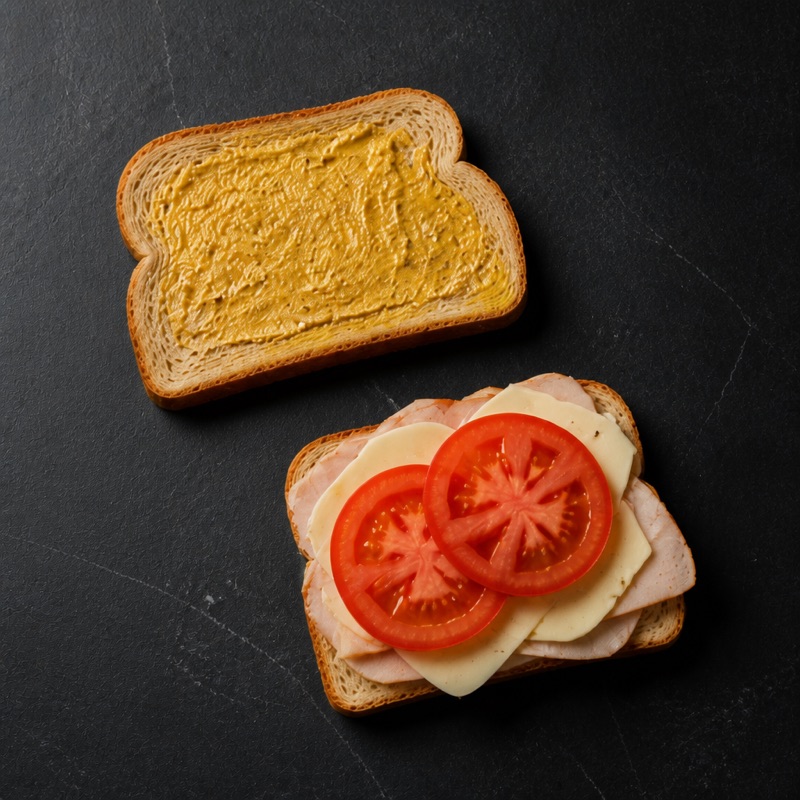 Step 1: Mustard on the bread, stack turkey, tomato, cheese.
