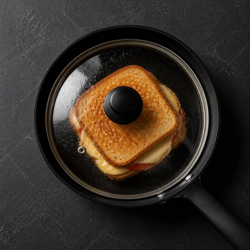 Step 2: Toast in a lidded pan until the cheese gives up.